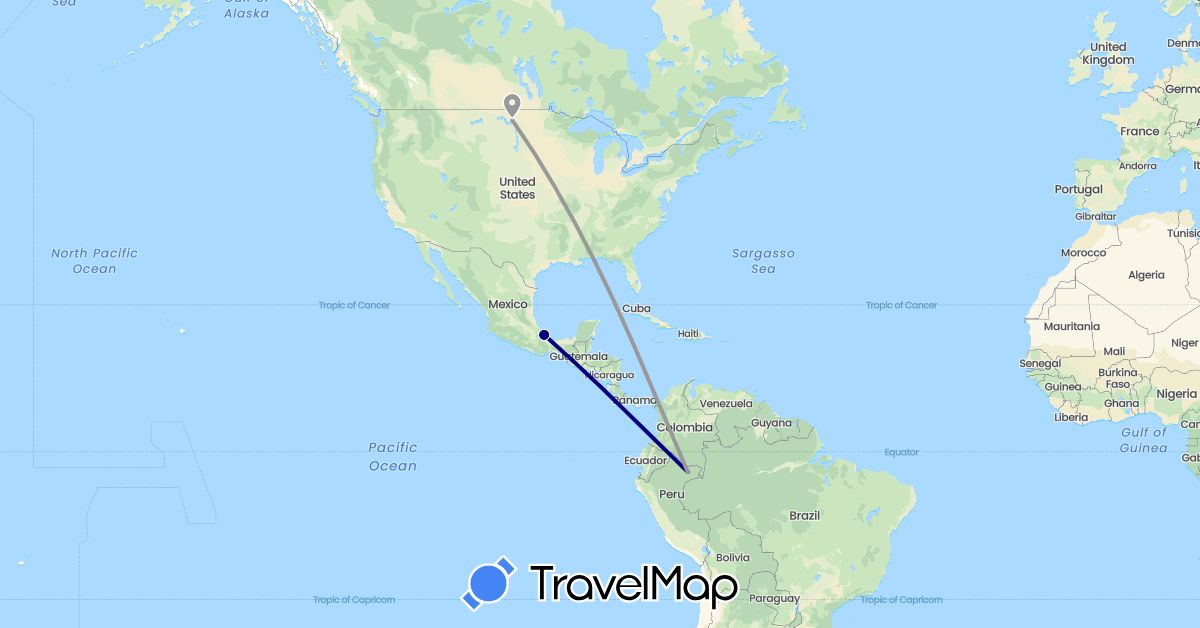 TravelMap itinerary: driving, plane in Mexico, Peru, United States (North America, South America)